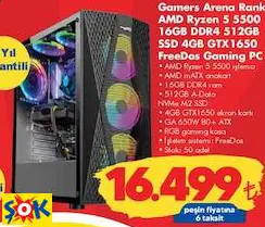 GAMERS ARENA RANK AMD RYZEN 5 5500 16GB DDR4 512GB SSD 4GB GTX1650 FREEDOS GAMİNG PC OYUN BİLGİSAYARI